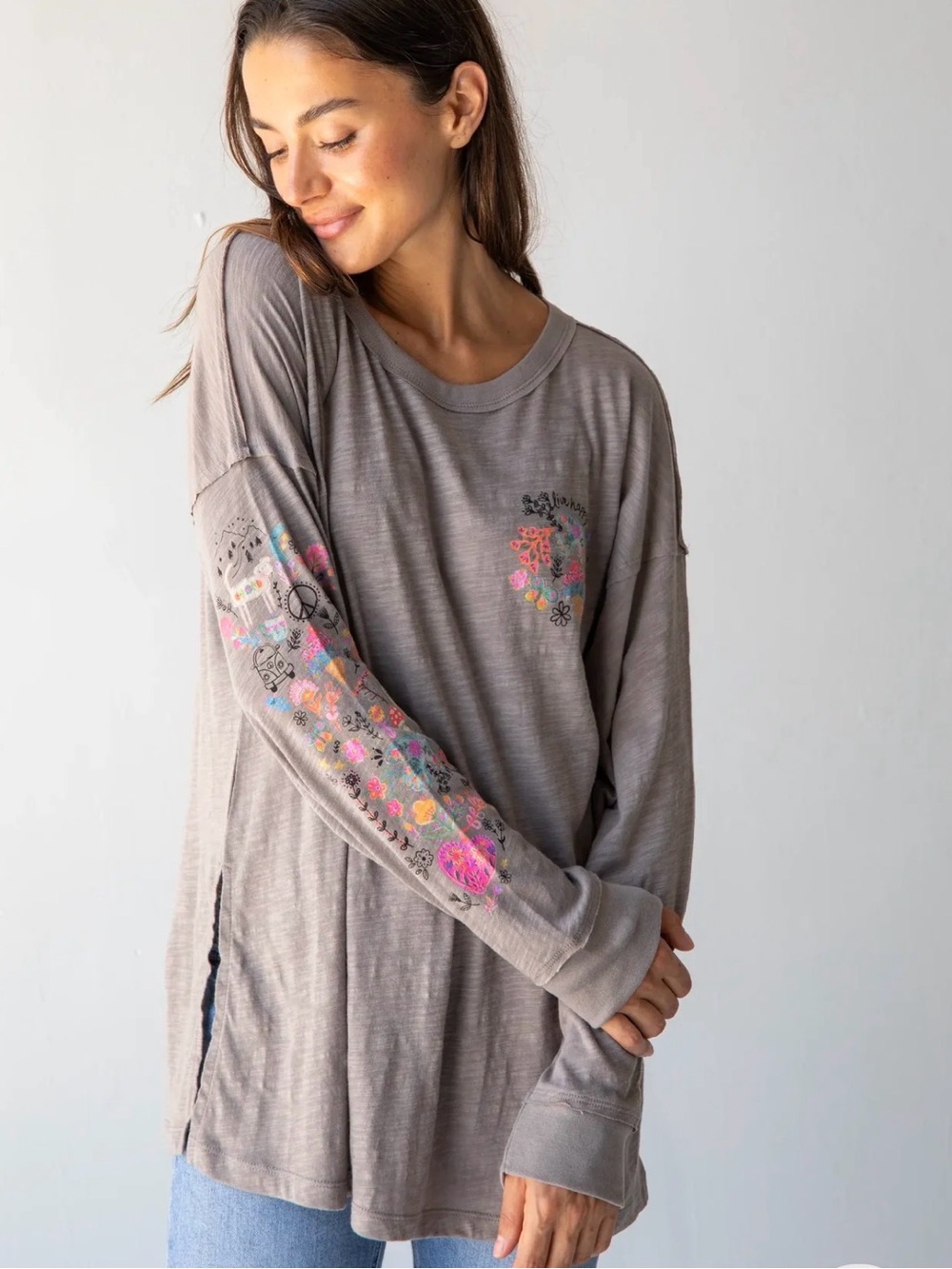 Natural Life Oversized Cotton Doodle Tee Long Sleeve Size Small